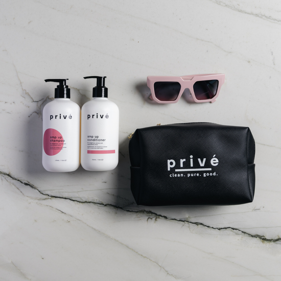 privé pro cosmetic bag - product with amp up shampoo & conditioner + sunglasses