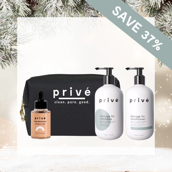 prive damage fix holiday bundle with shampoo, conditioner, bag and scalp serum