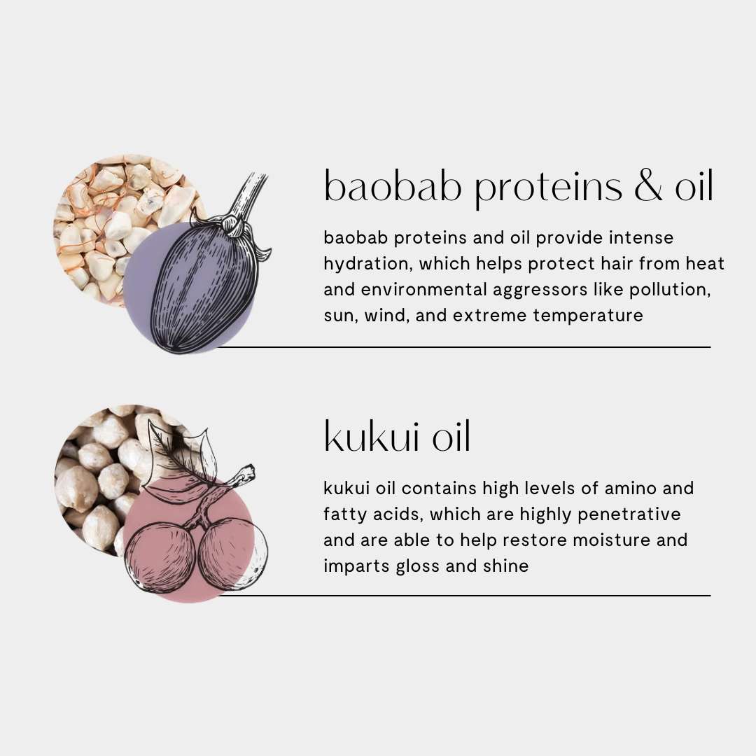 Ingredients in vanishing oil: boabob proteins & oil for hydration and protection, and kukui oil for gloss and shine.