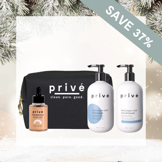 prive moisture rich holiday bundle with shampoo, conditioner, bag and scalp serum